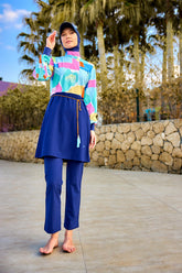 Marina │ Modest Swimwear Set 4-Piece Navy Blue with Colorful Top - M2511